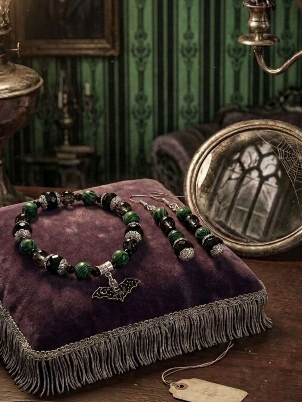Green and Black Beaded Bracelet & Earrings Set with Bat Charm
